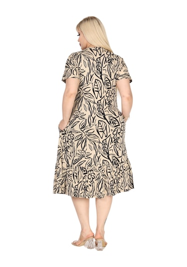 Melsay Butik Göğüsten Robalı V Yaka Kısa Kollu Bej Yaprak Desen Cepli Elbise Krem