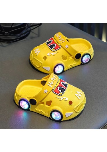 Uıowoo Çocuk Işıklı Araba Ve Dinozor Terlikleri - Kaymaz Eva Tabanlı Ve Delikli Tasarım - Plaj Ve Ev İçin Sarı