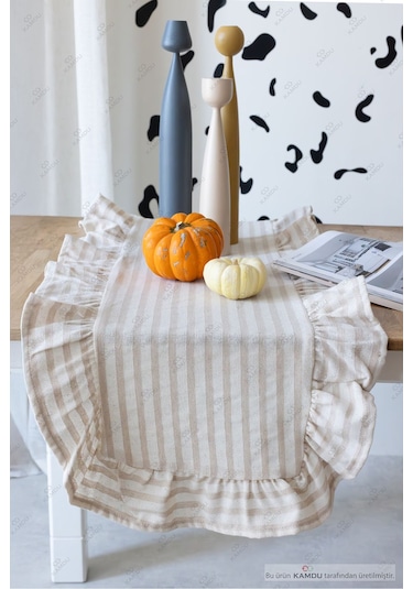 Bej Çizgili 40x125 Cm Vintage Fırfırlı %100 Keten Pamuklu Amerikan Runner Bej