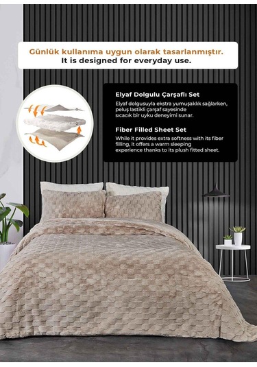 Kürk Yatak Örtüsü Yorgan Uyku Seti Tek Kişilik Çarşaflı Peluş Yumuşak Dolgulu Rody 3 Parça Bej