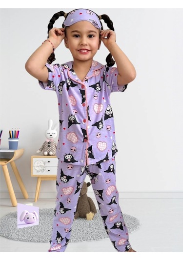 Kız Çocuk Kedi Desenli Lila Mor Renk Kısa Kollu Pijama Takımı Lila