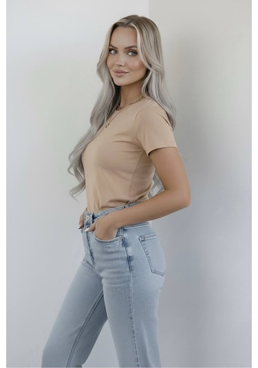 Hashtag Kadın Bisiklet Yaka Kısa Kollu Body Basic Tişört Viskon Kumaş Bej