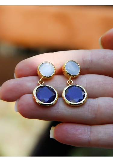 İkili Yuvarlak Modelli Kedigözü Cam Gold Kaplamalı Kadın Küpe Euku25bl Lacivert