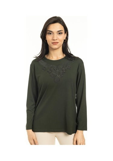Kadın Orta Yaş Ve Üzeri Yeni Model Yuvarlak Yaka Likralı Anne Penye Bluz 30550-haki Yeşili Haki Yeşili