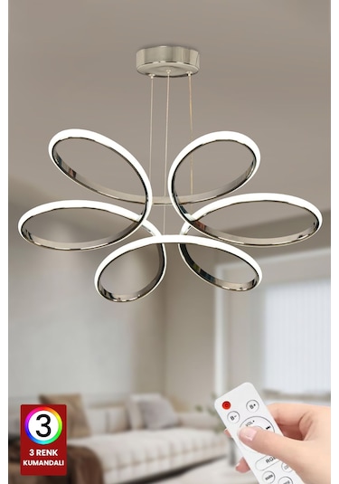 Fuzon 3 Renk Kumandalı Krom Gümüş Salon Led Avize Orkide Ledli Avize Gümüş
