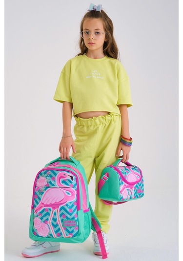 Coral High Kids Su Yeşili Pembe Simli Flamingo Desenli 3 Lü Okul Çanta Seti Set0114382