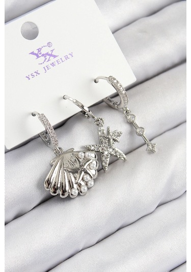 Dodes Dodes Pirinç Zirkon Taşlı 3'lü Yıldız Ve İstiridye Model Gümüş Renk Kadın Küpe Tg27bkp11131 Çok Renkli