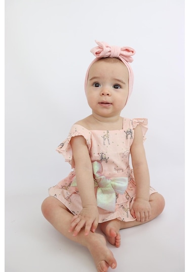 Kız Bebek Pudra Pembe Renk Özel Gün Fiyonklu Çıtçıtlı Tulum Pembe