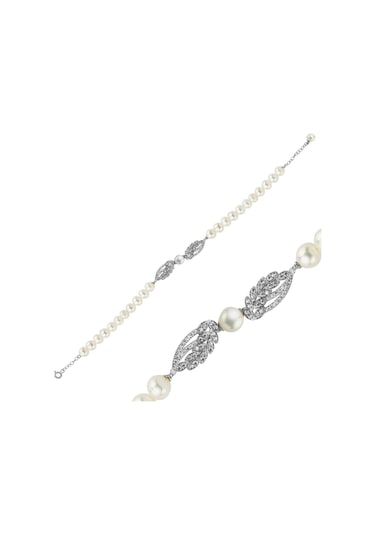 6,5 Mm Yaprak Detay Taşlı Doğal İnci Bileklik 23 Cm / Rose Rose Pembe Altın