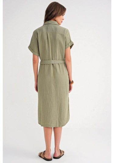 4720 Kadın Pile Detaylı Bağlamalı V Yaka Müslin Elbise Haki Haki