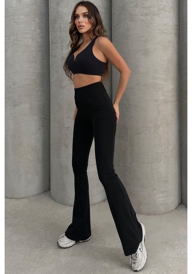 Lesa Wear Yüksek Bel Toparlayıcı Ve Sıkılaştırıcı Likralı Çift Cepli Ispanyol Paça Tayt Bootcut Siyah