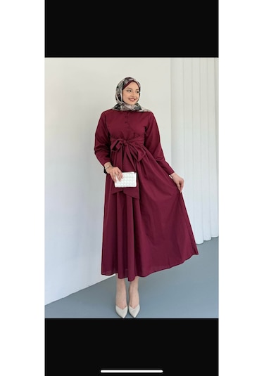 Çapraz Düğme Detaylı Bağlamalı Poplin Tesettür Elbise Bordo