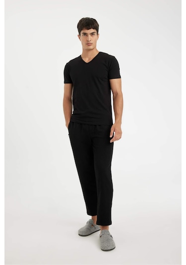 DeFacto Slim Fit Dar Kesim V Yaka Kısa Kollu Pijama Üstü L4884AZ24WNBK81