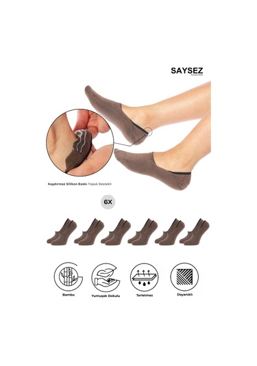 Bambu Kadın Babet Kahverengi Çorap Dikişsiz Görünmez Kaydırmaz Topuk Silikonlu Premium 6'lı Renkli