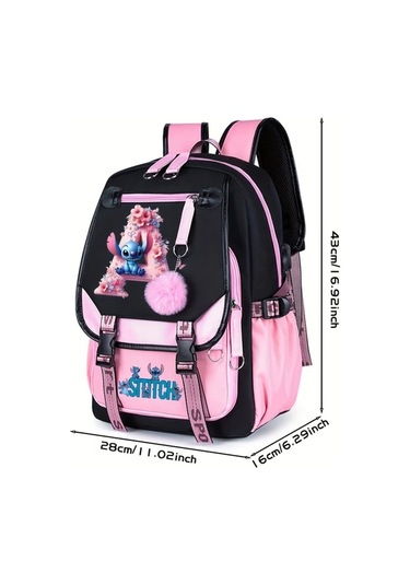 Honeybeeshop Z Dısney Stitch Büyük Kapasiteli Sırt Çantası Pembe Siyah Iki Tonlu Ayarlanabilir Askılıklar Dayanıklı Polyester Okul Seyahat Günlük Kullanım Z