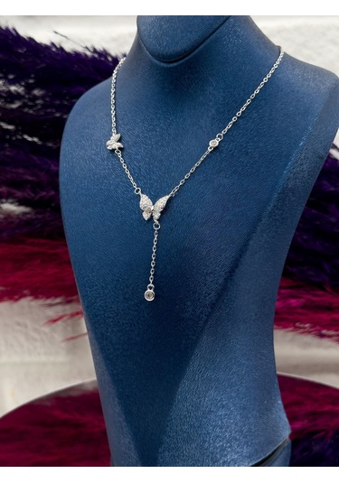 925 Ayar Gümüş Özel Tasarım Kelebek Modeli Zarif Kadın Kolye Gümüş