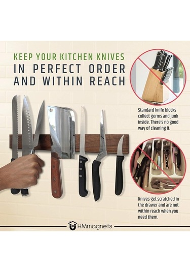 Pazly 16 İnç Ceviz Ahşap Manyetik Bıçak Tutucu, Güçlü Mıknatıs, Mutfak Dekorasyonu, Düzenleyici, Ahşap Şerit Kahverengi