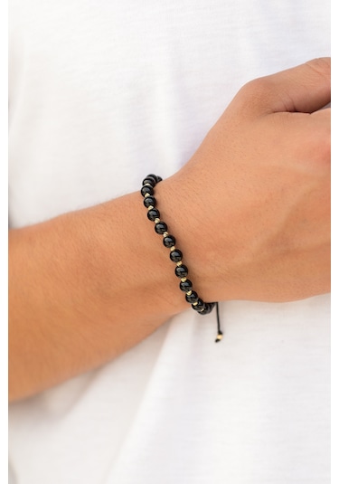 14 Ayar Altın Büyük Oniks Boncuklu Erkek Bileklik Sarı Altın