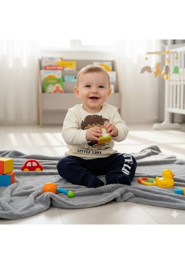 Erkek Bebek Aslan Baskılı Alt Üst İkili Gündelik Takım Lacivert