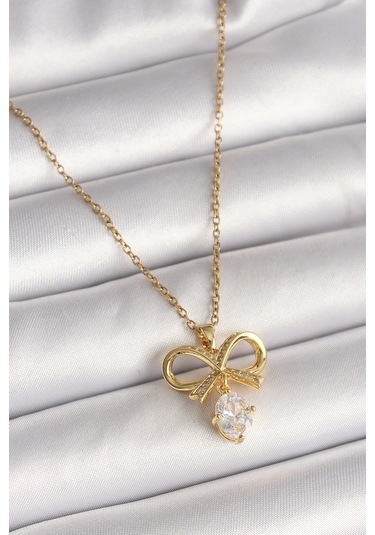 316l Çelik Gold Renk Zincir Zirkon Taşlı Kurdele Model Kadın Kolye - Tj-bko9960 Gümüş