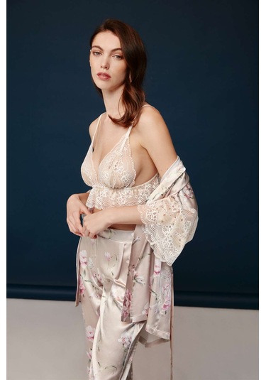 Bonnie&Clyde - Kadın Baskılı Saten 3 lü Takımı -5243 Pudra
