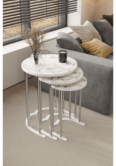 3' Lü Zigon Sehpa Gümüş Ayak Beyaz Mermer Desen 18 Mm Mdf Gümüş - Beyaz Mermer