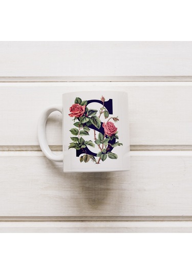 S Baş Harf Kırmızı Güller İle Sarılı Bardak 330 Ml Kişiye Özel Çiçekli Hediye Beyaz