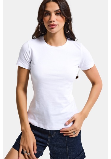 Itsbasic Kadın Beyaz S6-2 Bisiklet Yaka %100 Organik Pamuk Esnek Kumaş T-shirt