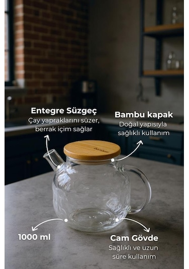 Bambum Juliet - Bambu Kapaklı Cam Demlik 1000ml Şeffaf