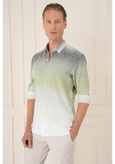 Comfort Fit Apoletli Degrade Desen Esnek Pamuk Yeşil Gömlek G 1575 Yeşil