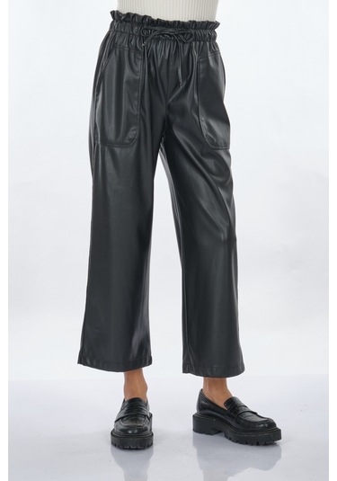Unique Mode Deri Görünümlü Bol Paça Siyah Kadın Pantolon Uw244003 001