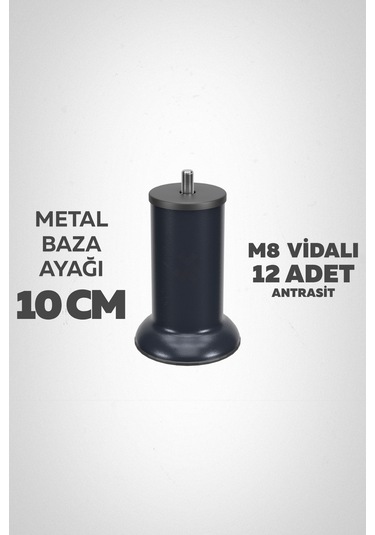 Baza Ayağı 10 Cm M8 Vidalı 12 Li Set Metal Antrasit Yatak Mobilya Ayağı İnce Vida Antrasit M8 10 Cm