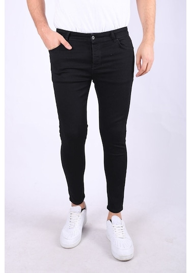 Erkek Slim Fit Likralı Düğmeli Kot Pantolon 38 Siyah