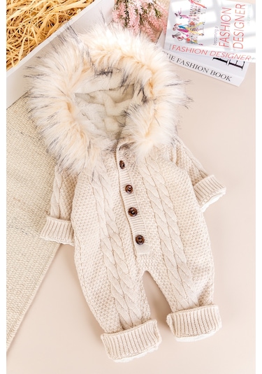 Triko Örgü Kışlık İçi Welsoft Astarlı Kapüşonlu Kız/erkek Bebek Tulum Bej