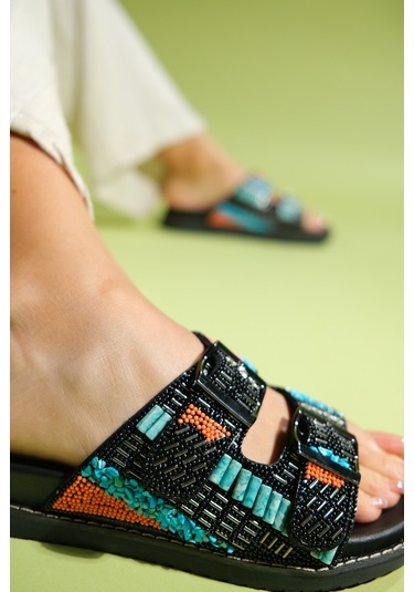 Luvishoes Lanso Siyah Taşlı Çift Bantlı Kadın Terlik Siyah