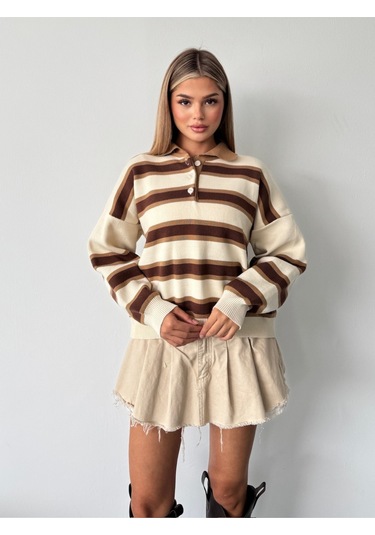 Kadın Polo Yaka Çizgili Triko Kazak Bej