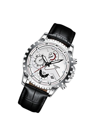 Fastbuy Fngeen 5757 Erkek Saat, Su Geçirmez, Paslanmaz Çelik, Siyah Deri Kılıf, Beyaz Yüzey, Spor Tarzı, Çok Renkli Çok Renkli