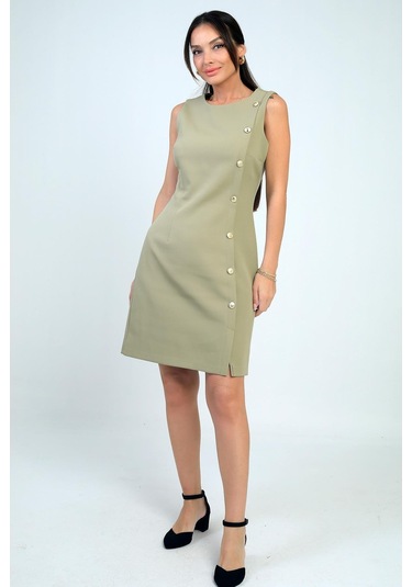 Kadın Kendinden Telalı Yan Düğmeli Kısa Elbise-41754 Çağla Yeşili