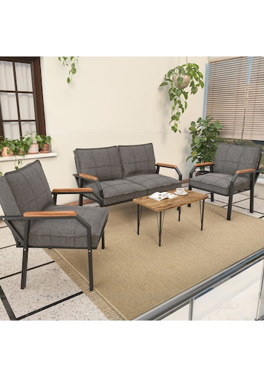 Mygusi Hayal Balkon, Bahçe, Cafe - Metal Kanepe Koltuk Takımı - 2 1 1 Sehaplı Koyu Gri
