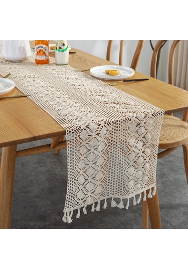 Genişletilmiş Ve Dikişli Rustik Örme İçi Boş Masa Örtüsü, Ebat: 30x300cm Phoenix Çift Dikiş Çok Renkli