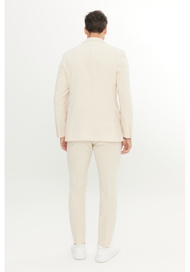 Erkek Bej Slim Fit Dar Kesim Kırlangıç Yaka Kapak Cepli Çizgili Esnek Takım Elbise Bej