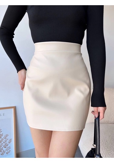 Düz Deri Etek Bej H24468 Bej