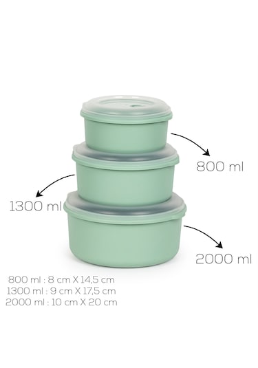 Porsima 5318 Kilitli Sızdırmaz Kapaklı Hava Tahliye Contalı Çok Amaçlı 3lü Yuvarlak Erzak Yiyecek Saklama Kabı Seti Yeşil - 800-1300-2000ml Yeşil