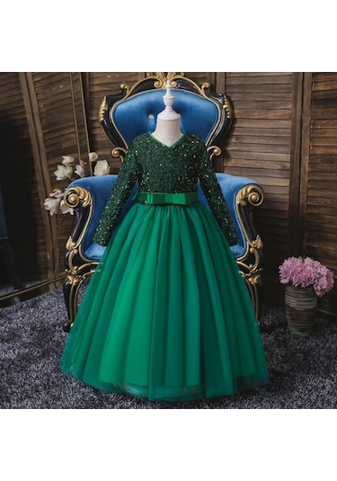 Mashotrend Yeşil Zara Payetli Çocuk Abiye - Kız Çocuk Elbise Çok Renkli