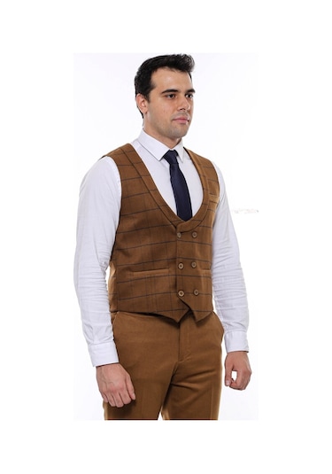 Kareli Desenli Kruvaze Kahverengi Erkek Yelek 001
