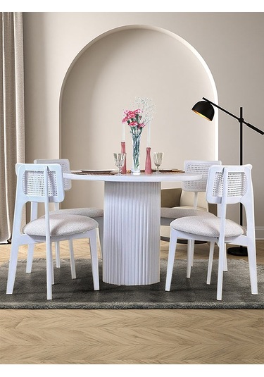 Aspendos İskandinav Natural Ahşap Masa Sandalye Takımı 90x90 Beyaz - Beyaz