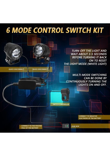 30w 3000lm 6000k Motosiklet Çift Lensli Led Spot Işığı, Kontrol Kablosu Seti İle Siyah