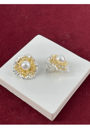 Beyaz Çiçekli İncili Gold Küpe Gold