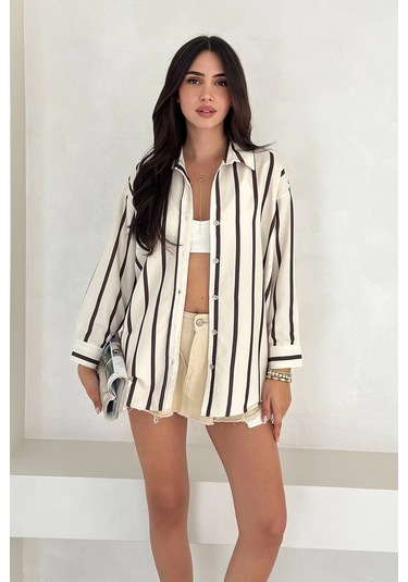 Pamuk Viscon Dijital Baskı Sonsuz Çizgi Gömlek Krem