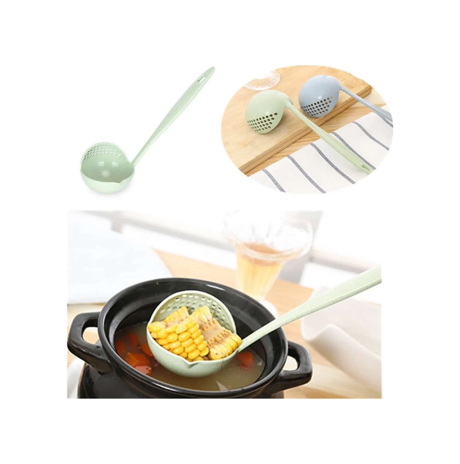 Yaleker Çevre Dostu Askılı Kelleli Kaşık - Yiyecek Grade Plastik, Sürekli Kullanımlı, Filtre Fonksiyonu, Yeşil Renk Pembe